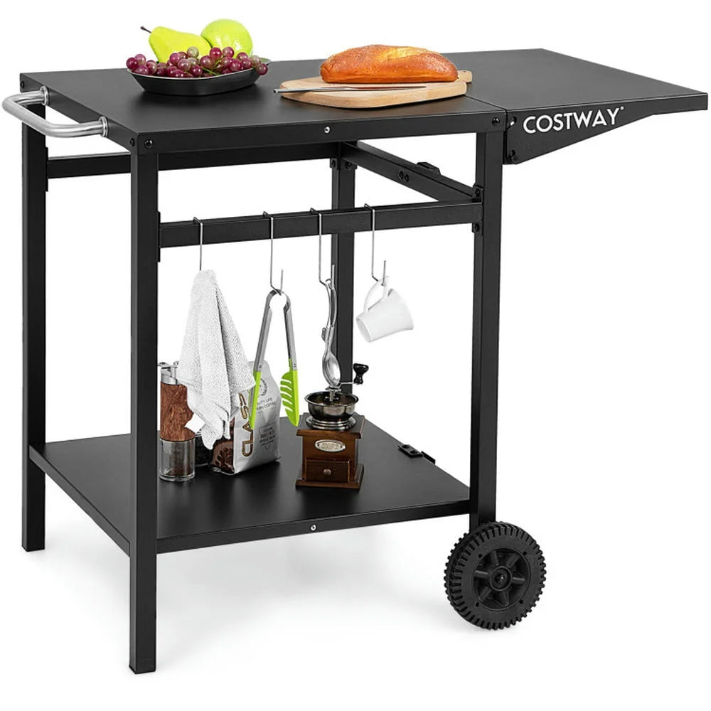Outdoor Patio Barbecue Cooker, Outdoor Grills,Movable Outdoor Grill Cart with Folding Tabletop and Hooks-Black
