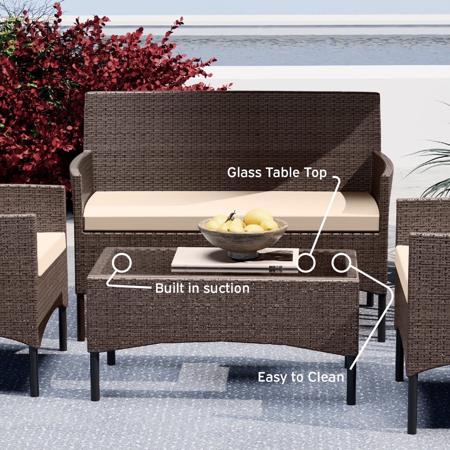 Patio Furniture Set, Outdoor Wicker 4 Piece Patio Chairs Set, Brown with Beige Cushions