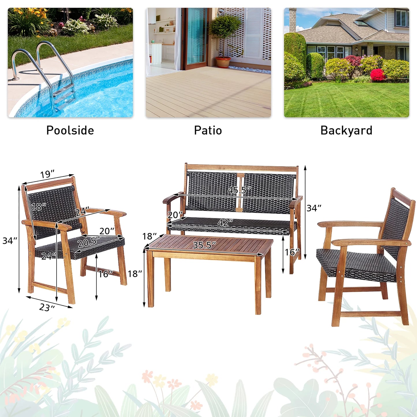 4 PCS Patio Rattan Furniture Set Acacia Wood Frame Sofa Loveseat Garden