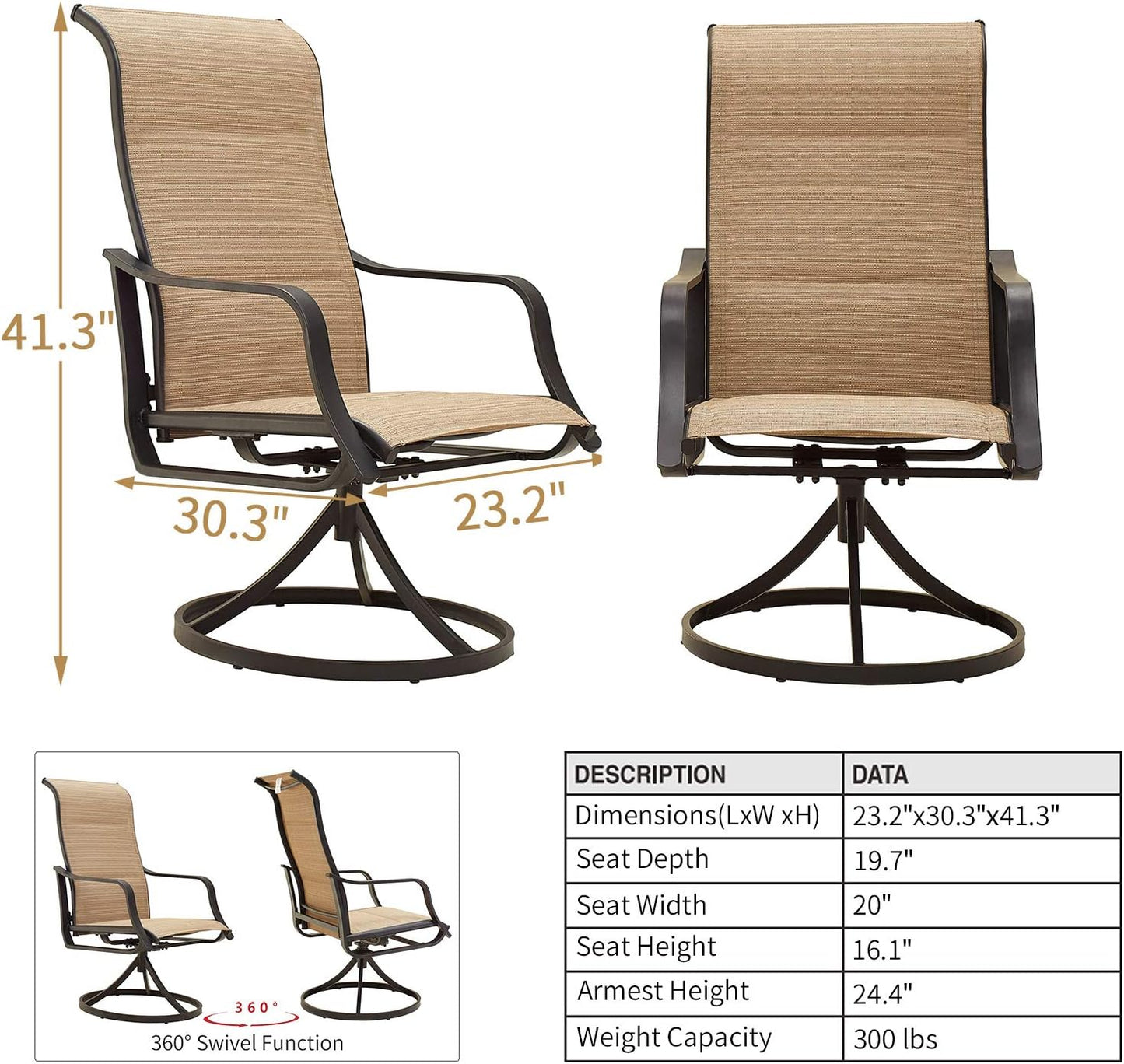 Patio Dining Chairs Textilene High Back Outdoor Swivel Rocker Set with All Weather Frame (Beige,Set of 2)