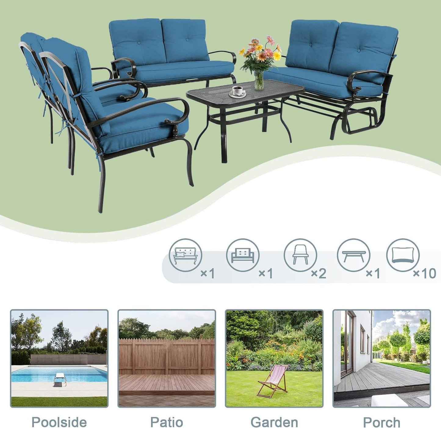 Outdoor Metal Furniture Sets 5 Pieces(6 Seats) Patio Conversation Set (Patio Swing Glider, 2 Patio Chairs, Loveseat with Coffee Table), Peacock Blue