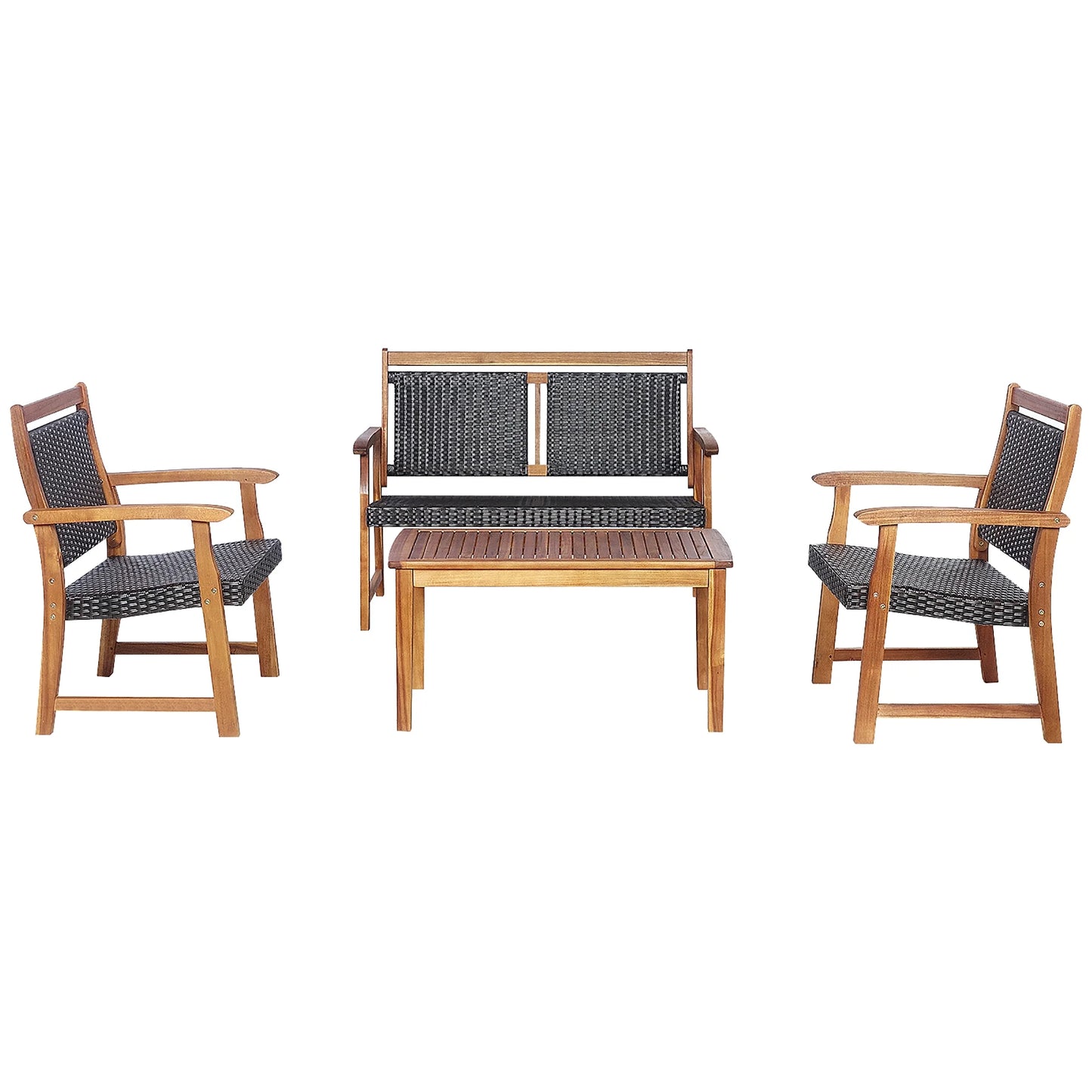 4 PCS Patio Rattan Furniture Set Acacia Wood Frame Sofa Loveseat Garden