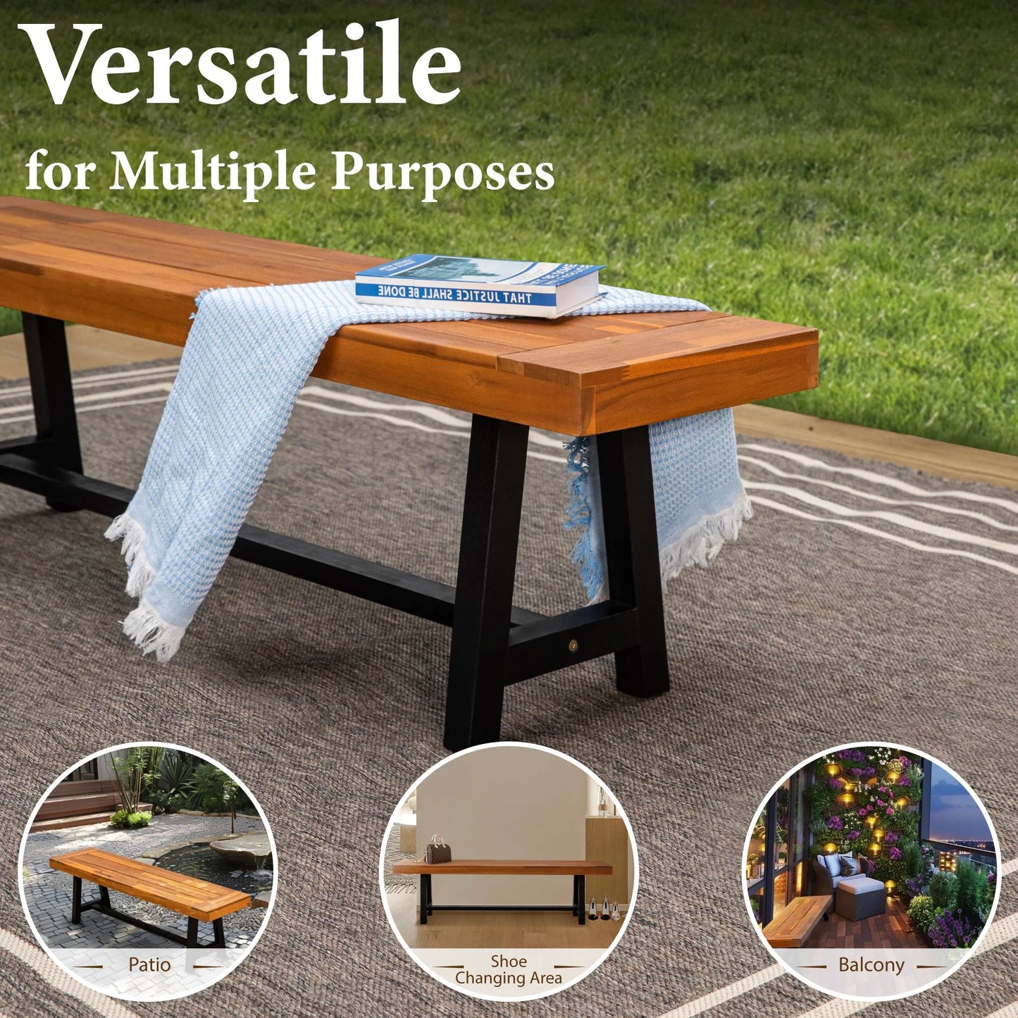 Set of 3 Patio Wood Garden Bench Set Outdoor Dining Set with 1 Acacia Table and 2 Pieces Bench Chairs Suitable for 4 People