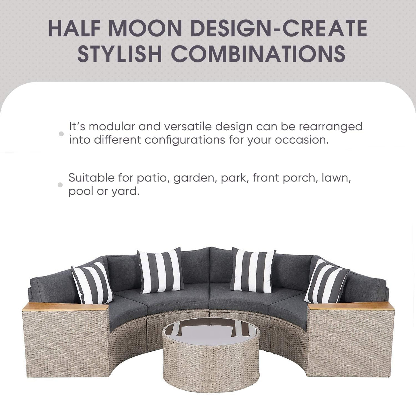 5-Piece Patio Sectional Furniture Patio Half-Moon Set Brown Wicker Curved Outdoor Sofa Set with Grey Cushions & Glass Coffee Table (Grey)