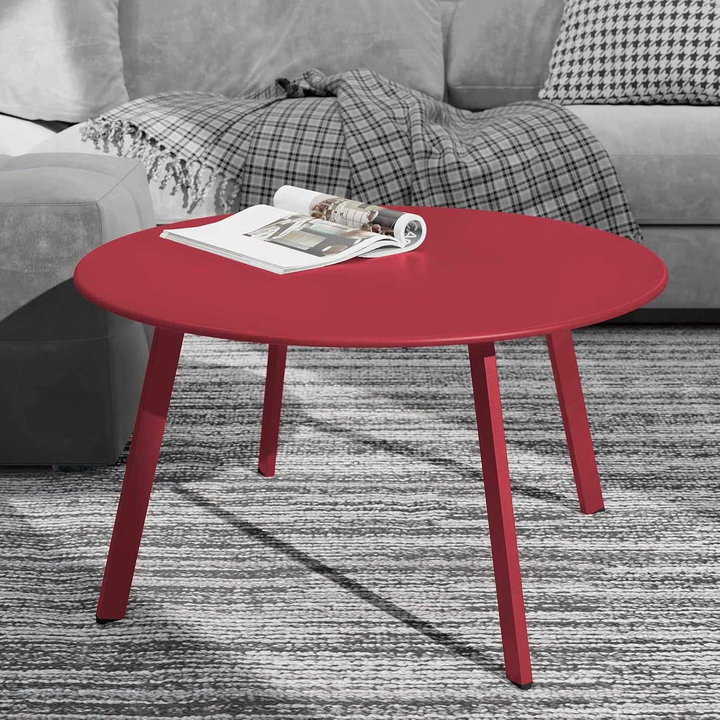 28-Inch round Side Table, Modern Steel Outdoor End Side Table for Patio Apartment Bedroom Living Room Balcony, Red