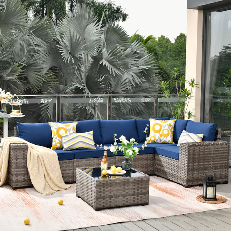 Shine Rattan Outdoor Sectional with Dark Gray Cushions and Rattan Frame