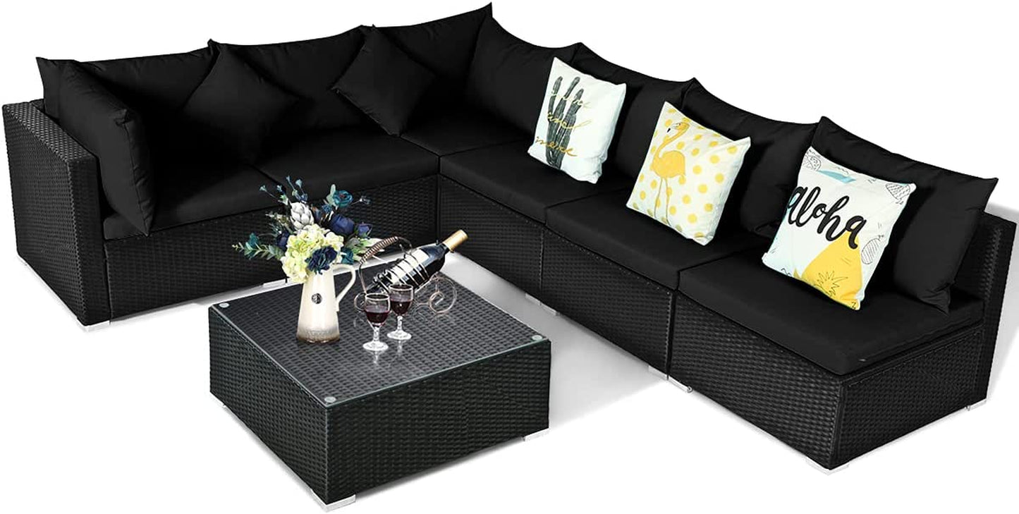 7 Piece Patio Furniture, Outdoor Sectional Sofa W/Pillows and Cushions, Wicker Conversation Set with Coffee Table and Tea Table for Garden, Lawn (Black)