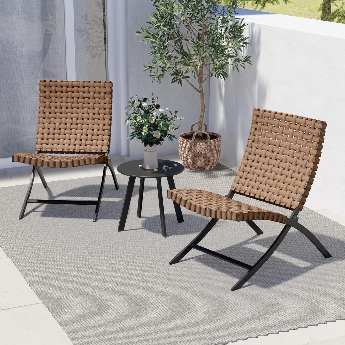 3 Piece Leather Texture Wicker Patio Chairs, Foldable Balcony Furniture Set with Outdoor Lounge Seating and Side Table