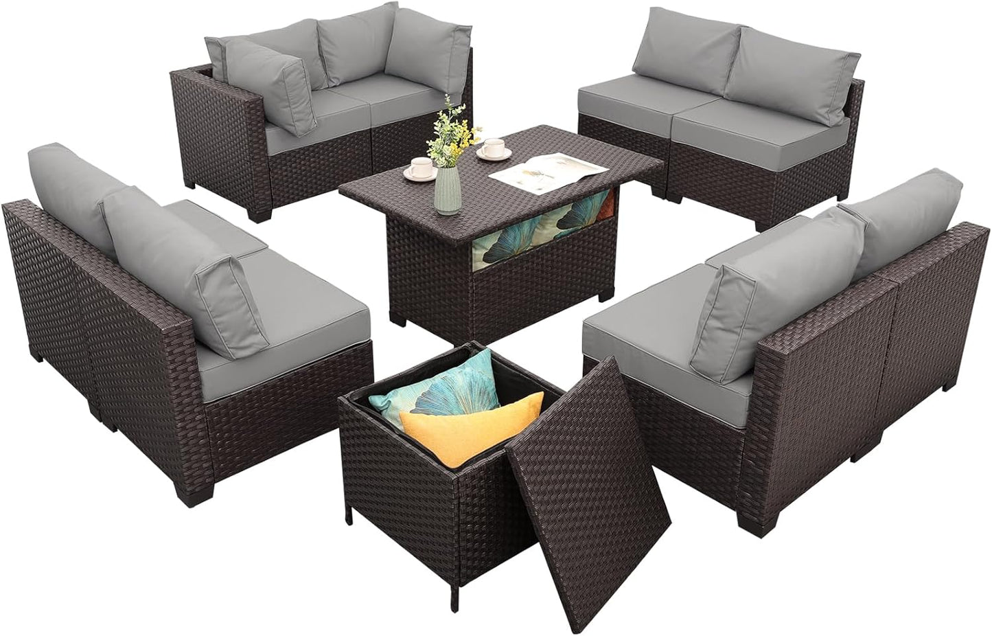 Outdoor Patio Furniture Set Dark Brown Rattan 10 Piece Sectional Sofa PE Wicker Conversation Couch Sets with Storage Table and Non-Slip 5" Thick Grey Cushion