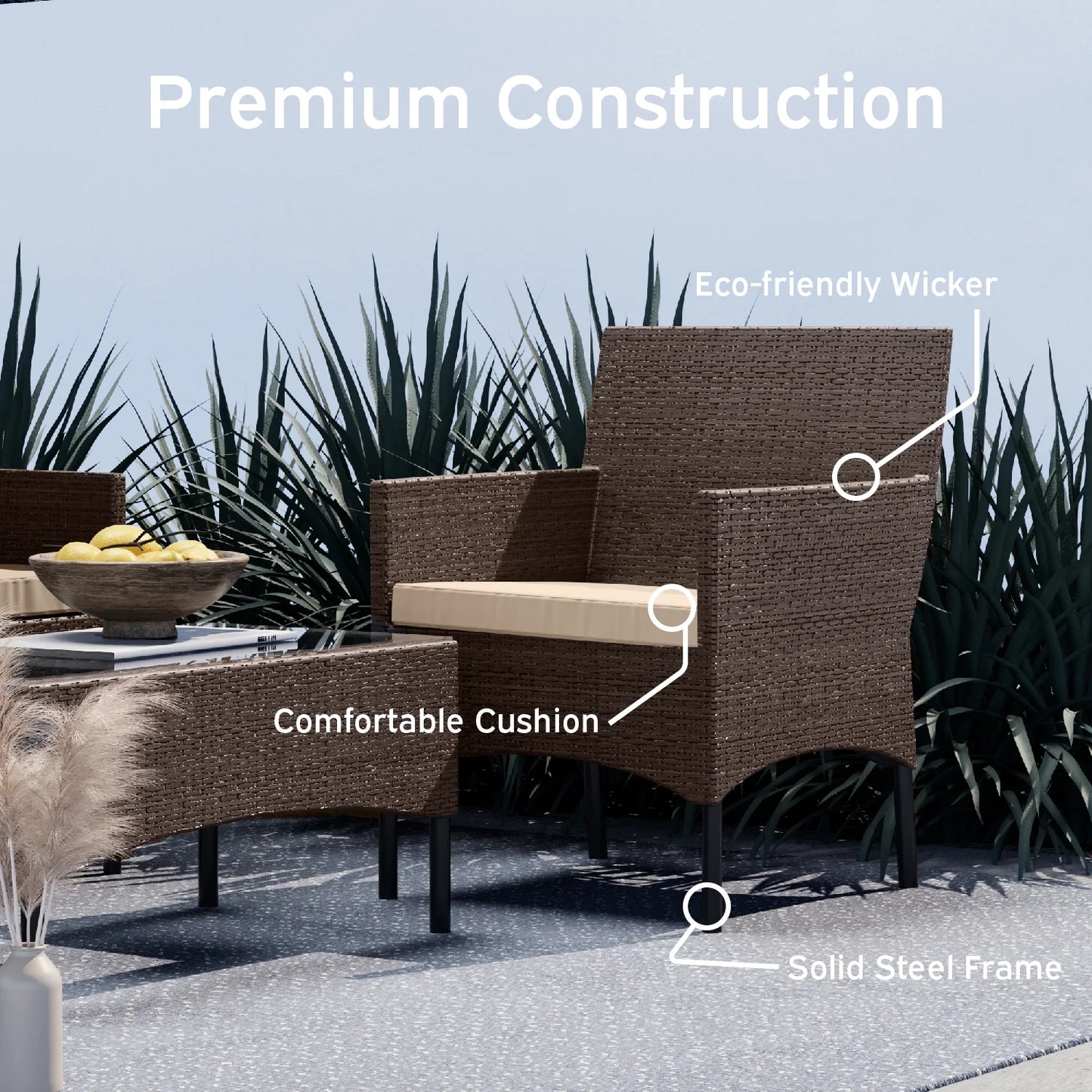 Patio Furniture Set, Outdoor Wicker 4 Piece Patio Chairs Set, Brown with Beige Cushions