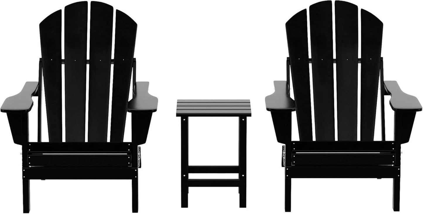 WO Home Furniture Adirondack Chairs Table Set of 3 PCS Outdoor Folding Chairs Side End Table Weather/Uv Resistant for Lawn, Garden, Bon Fire, Balcony (Black)