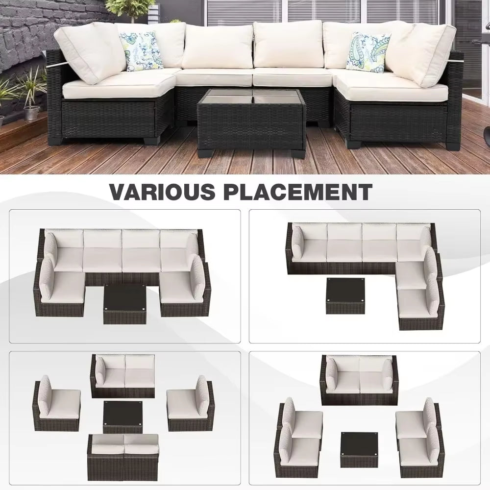 7 Piece Outdoor Patio Furniture Set, Seating Set with Rattan Table, Waterproof Cushions Included, Patio Sectional Furniture Set