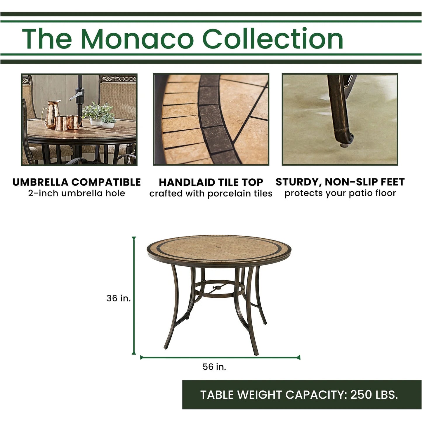 Monaco 7-Piece Outdoor High Dining Patio Set, 6 Counter-Height Padded Sling Swivel Chairs, 56" round Tile Table, 9' Umbrella, and Umbrella Base, Bronze Finish, Rust-Resistant, All-Weather