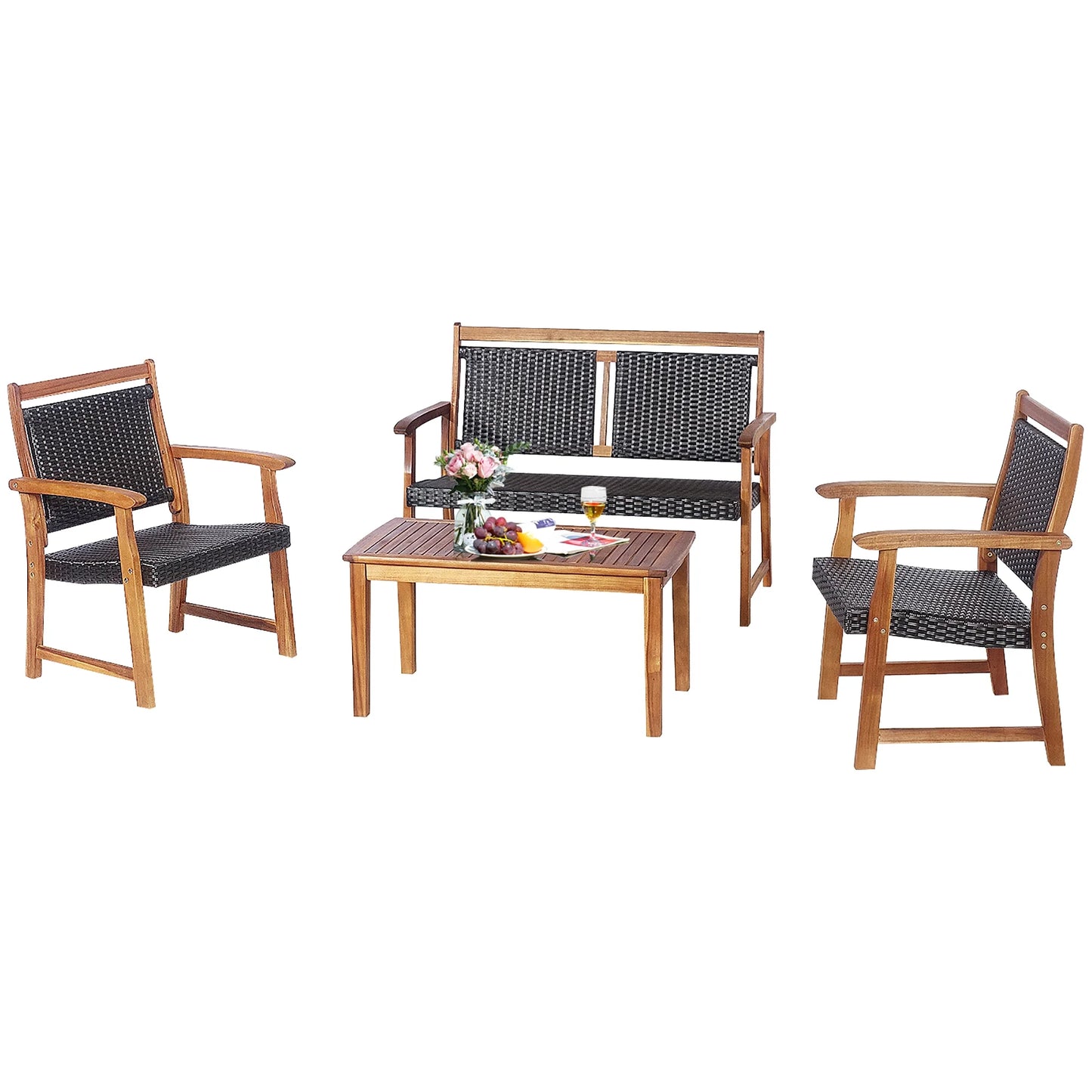 4 PCS Patio Rattan Furniture Set Acacia Wood Frame Sofa Loveseat Garden