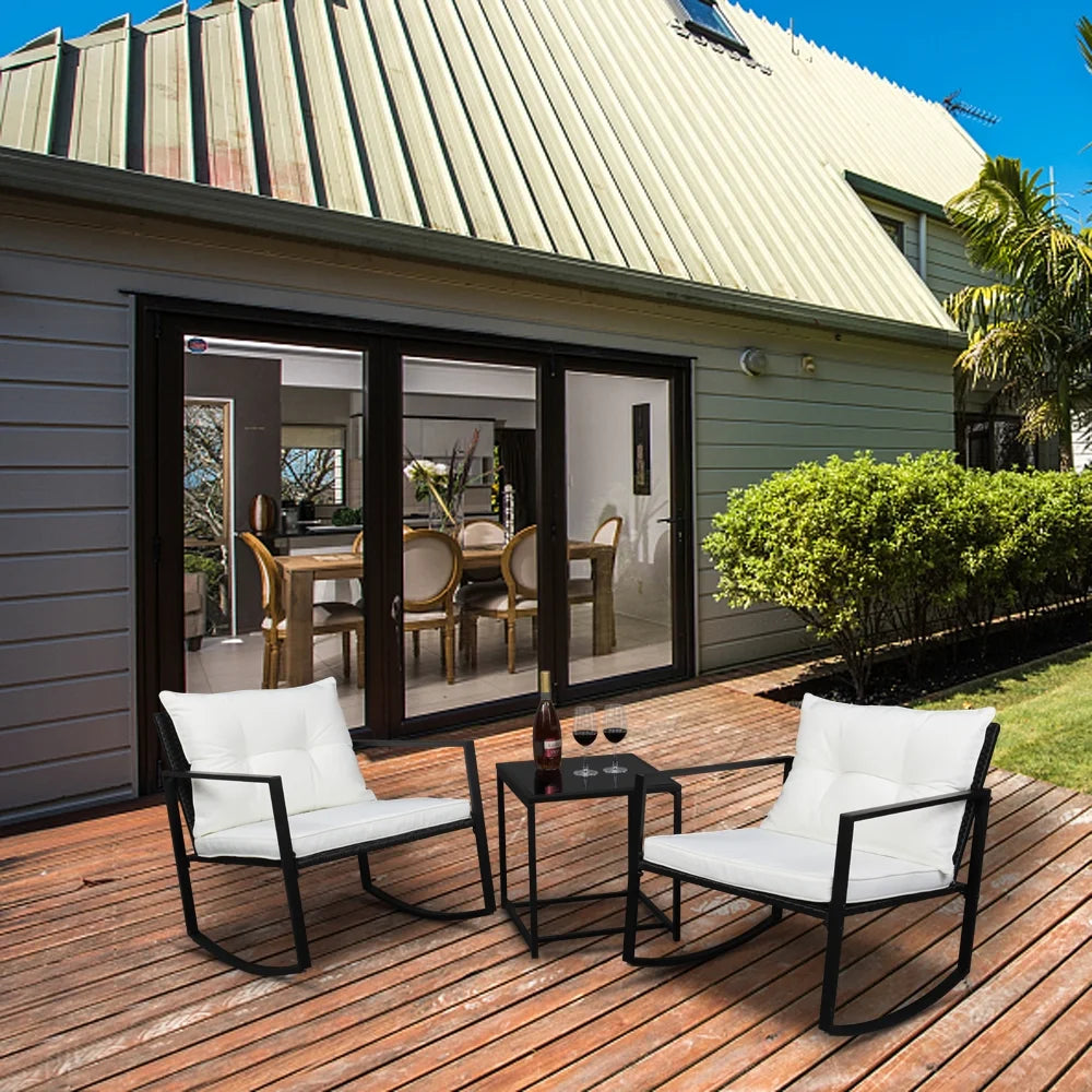 3 Pieces Patio Furniture Set Rocking Wicker Bistro Sets, Modern Outdoor Rocking Chair Furniture Sets Cushioned PE Rattan Chairs Conversation Sets with Coffee Table, Outdoor Chairs for Backyard, Q16777