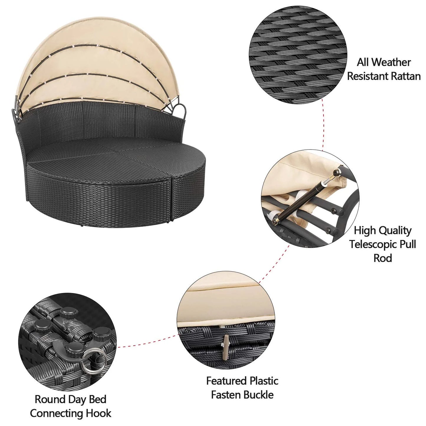 Outdoor Patio round Daybed with Retractable Canopy Wicker Furniture Sectional Seating with Washable Cushions for Patio Backyard Porch Pool Daybed Separated Seating (Beige)