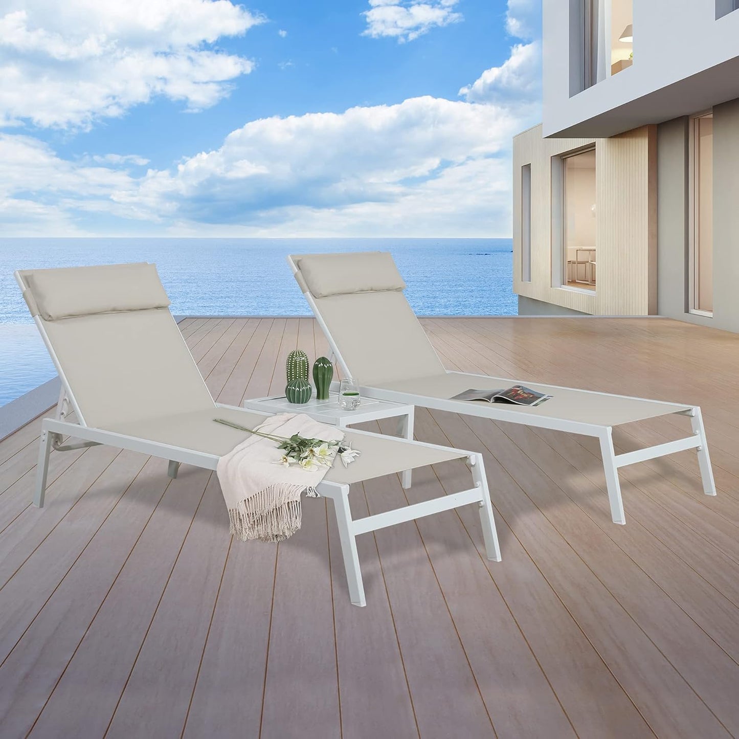 3-Piece Patio Chaise Lounges Set Outdoor Full Flat Lounge Chairs Set of 2 with Steel Table, Beige