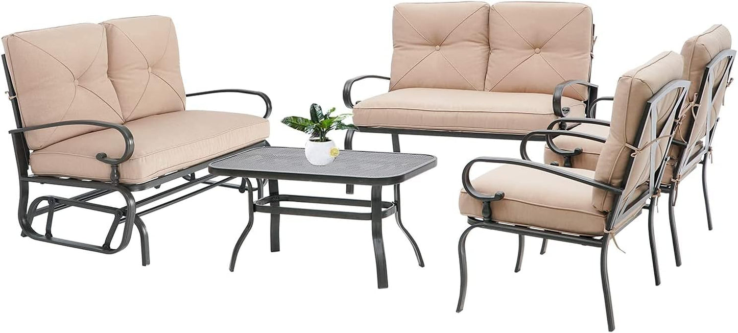 Outdoor Metal Furniture Sets 5 Pieces(6 Seats) Patio Conversation Set (Patio Swing Glider, 2 Patio Chairs, Loveseat with Coffee Table), Brown