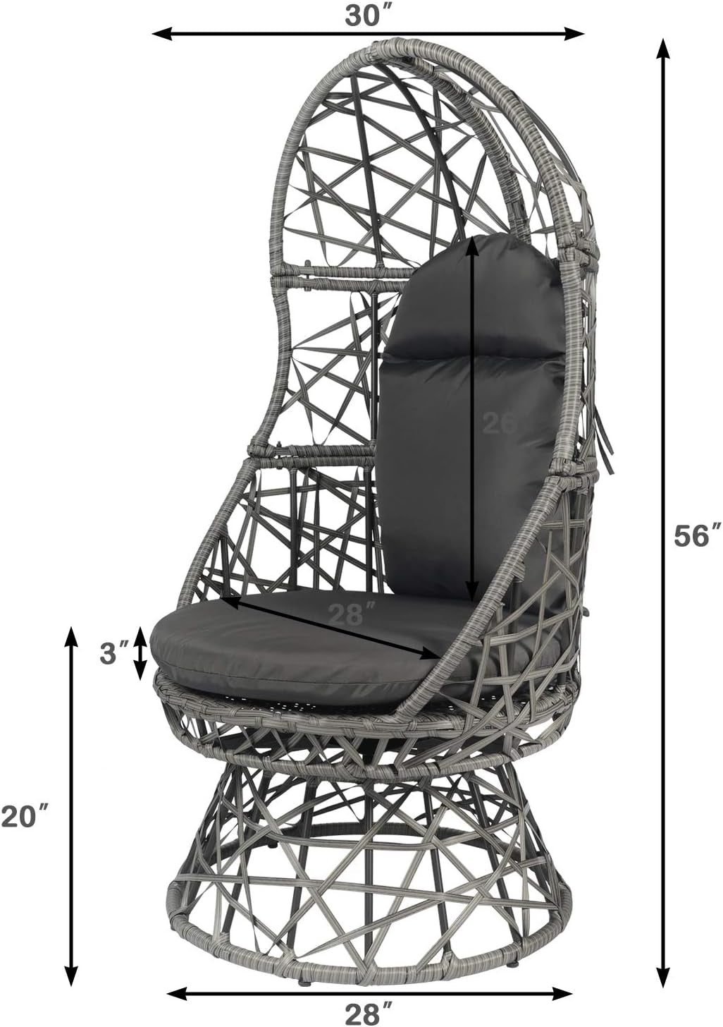 Patio Egg Chair, 360 Degree Swivel Patio Wicker Chair, Indoor & Outdoor Rattan Egg Chair with Seat Cushion & Pillow for Patio Porch Lounge Bedroom (Grey)