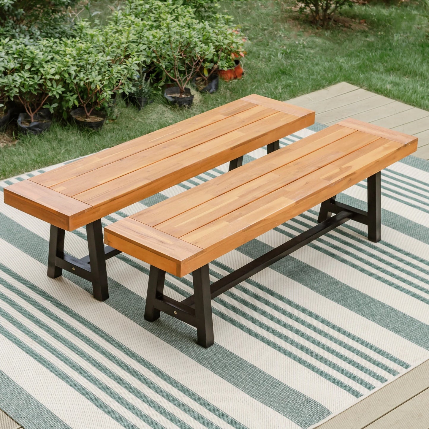 Set of 3 Patio Wood Garden Bench Set Outdoor Dining Set with 1 Acacia Table and 2 Pieces Bench Chairs Suitable for 4 People