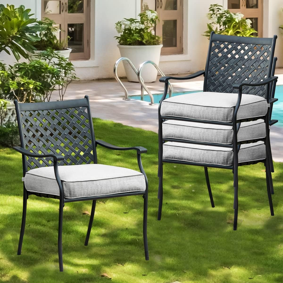 Metal Dining Chair Indoor Outdoor Use Patio Dinning Chairs Set,Dining Bistro Cafe Side Metal Chairs Set of 4 with Arms and Seat Cushions(4 PC, Grey)