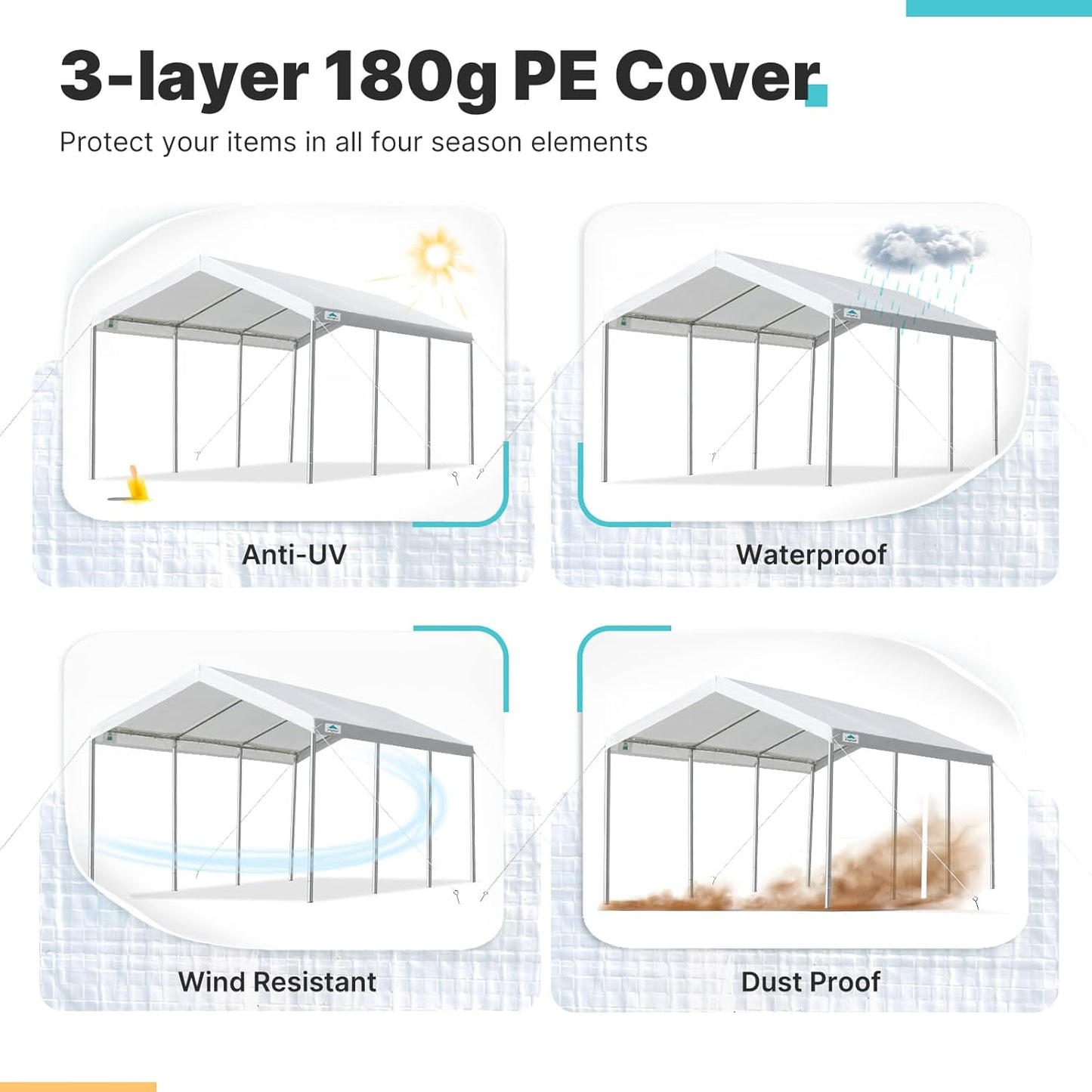 10X20 Ft Heavy Duty Carport Potable Car Canopy Garage Party Tent Boat Shelter, Adjustable Height from 9.5 Ft to 11 Ft, White