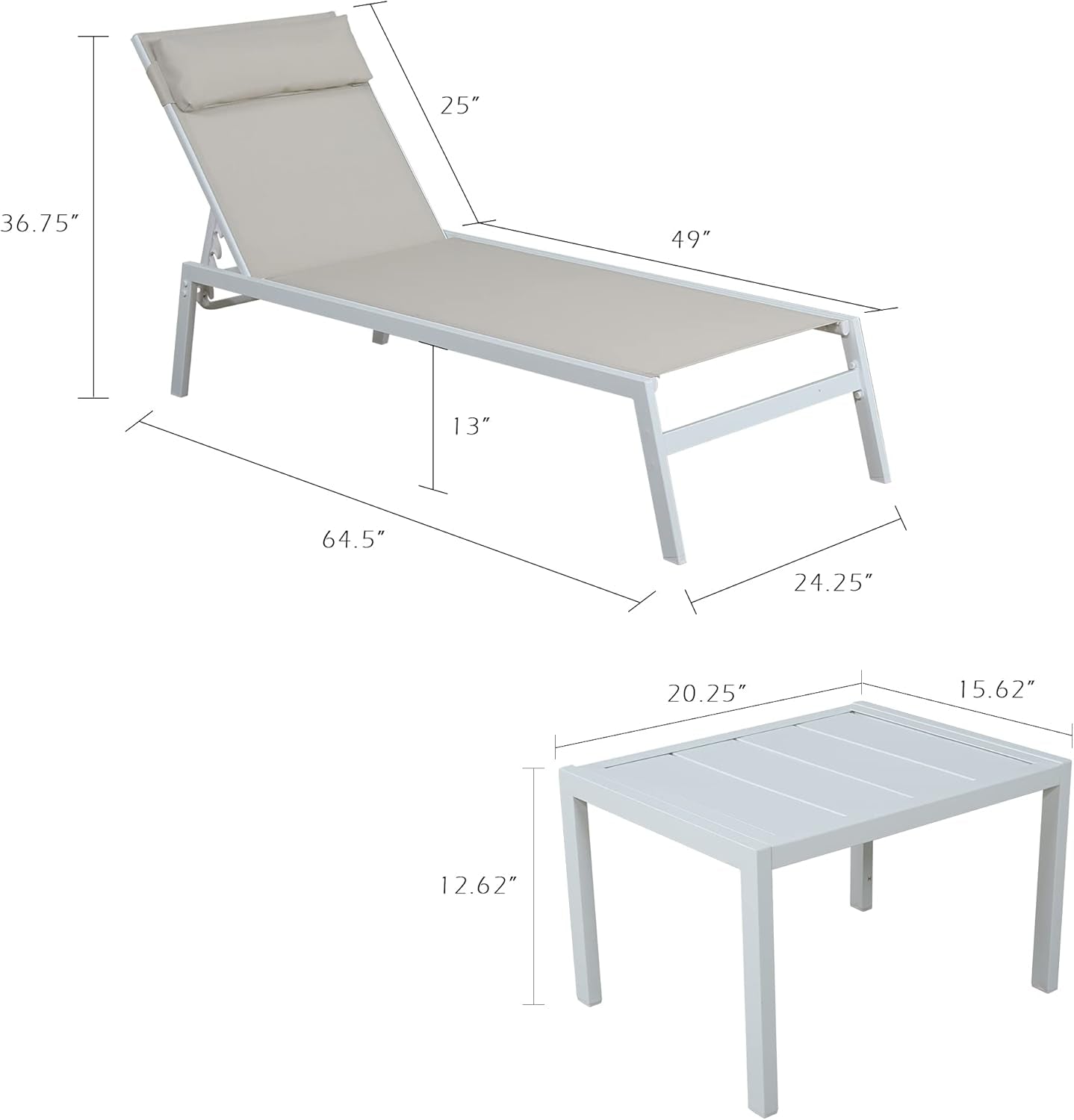 3-Piece Patio Chaise Lounges Set Outdoor Full Flat Lounge Chairs Set of 2 with Steel Table, Beige