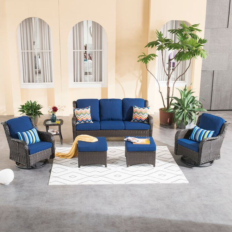 6 -Piece Rattan Patio Sofa Conversation Set with Blue Cushions
