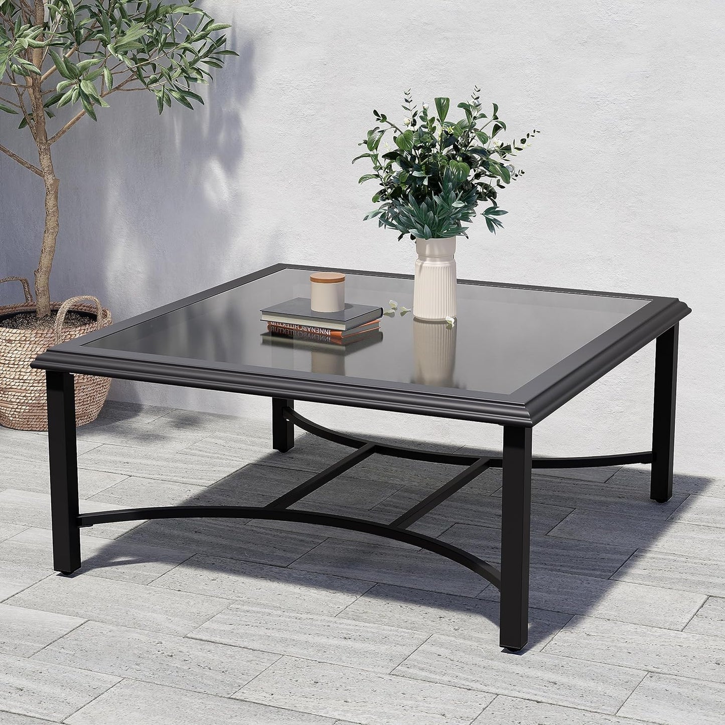 Outdoor Glass Coffee Table,Outdoor Furniture Coffee,Patio Garden Furniture Multi-Functional Tea Table with Tempered Glass Top, for Conversation-Square (Outdoor Glass Coffee Table)