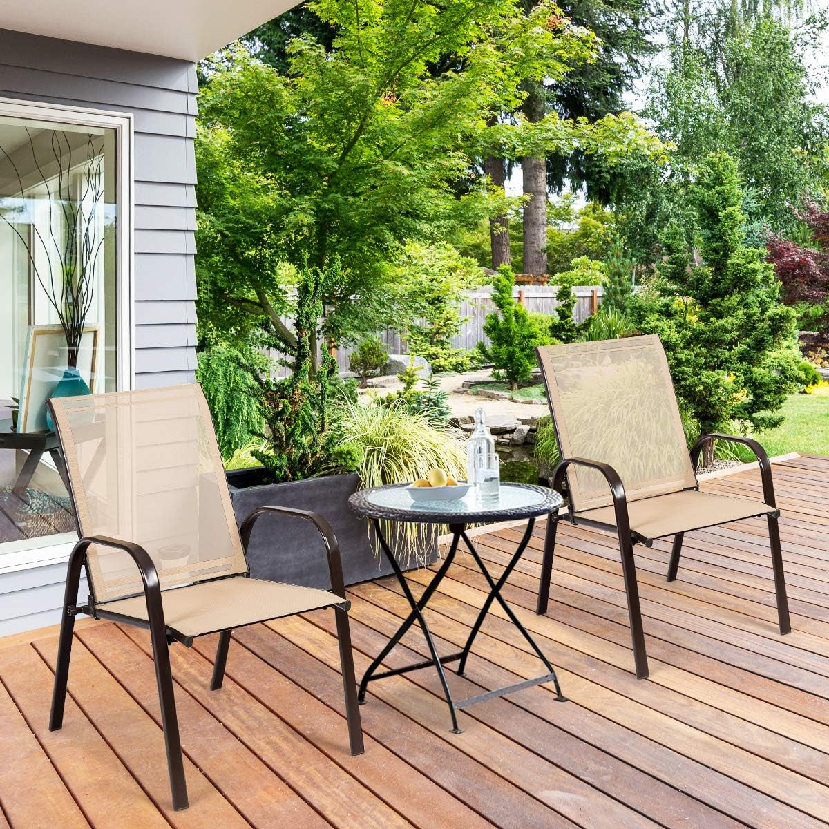 Set of 2 Patio Chairs, Outdoor Bistro Armchairs with Metal Frame, Mesh Seats, High Backrest, Patio Dining Chairs for Porch Garden Pool Balcony Yard Deck