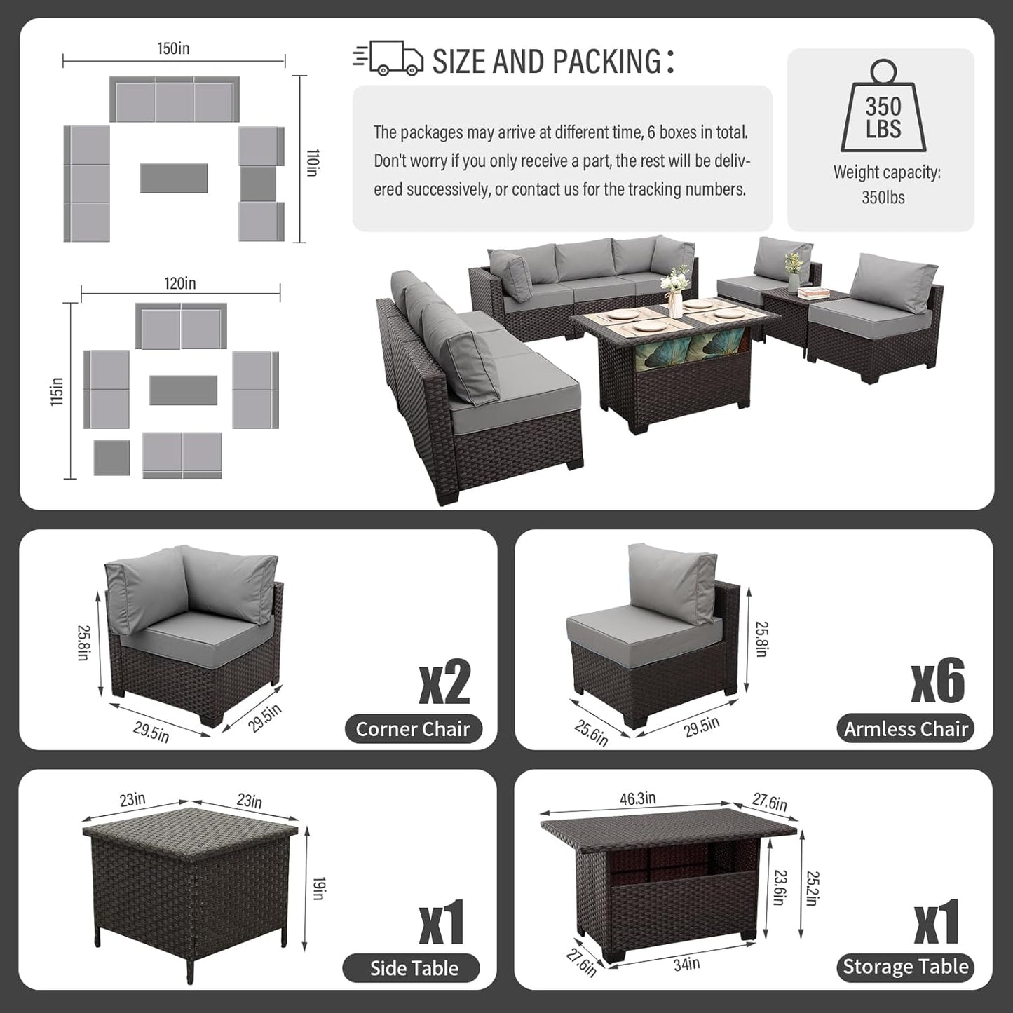 Outdoor Patio Furniture Set Dark Brown Rattan 10 Piece Sectional Sofa PE Wicker Conversation Couch Sets with Storage Table and Non-Slip 5" Thick Grey Cushion
