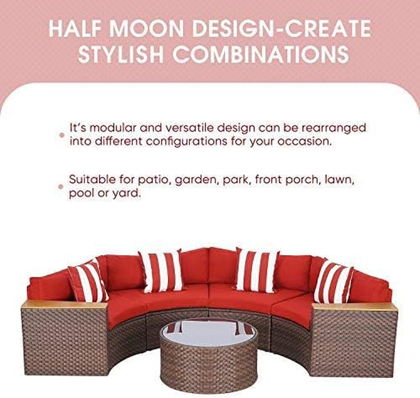 5-Piece Patio Sectional Furniture Set Half-Moon Patio Set Brown Wicker Curved Outdoor Sofa with Red Cushions & round Glass Coffee Table (Pillow Included)