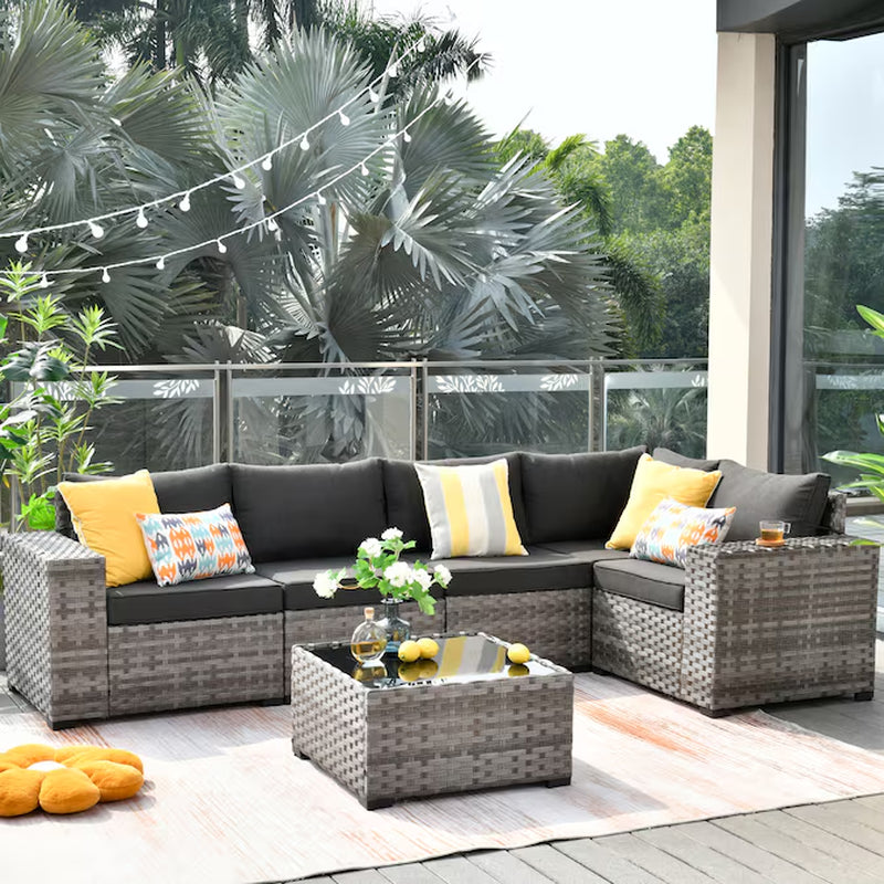 Shine Rattan Outdoor Sectional with Dark Gray Cushions and Rattan Frame