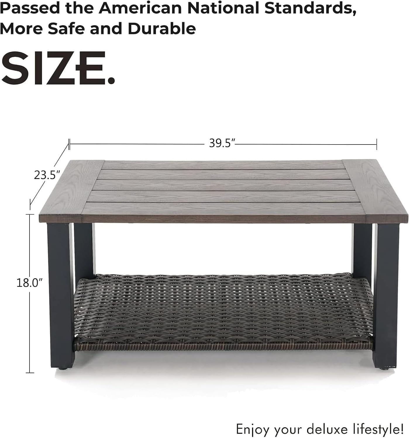 Outdoor Coffee Table with Wicker Shelf Storage, 40-Inch Rectangle Modern Patio Coffee Table with Faux Wood Tabletop, Fits with Outdoor Conversation Set