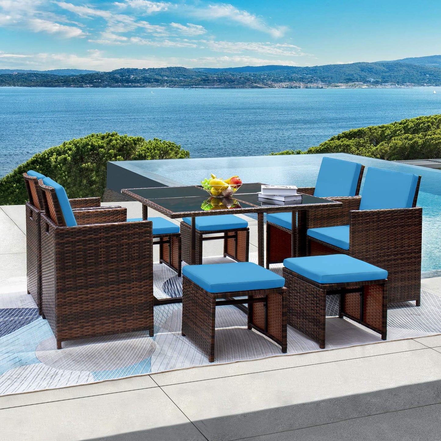 9 Pieces Patio Dining Outdoor Table and Chairs Table Set with Space Saving Rattan Chairs Patio Furniture Sets Cushioned Seating and Back (Blue)