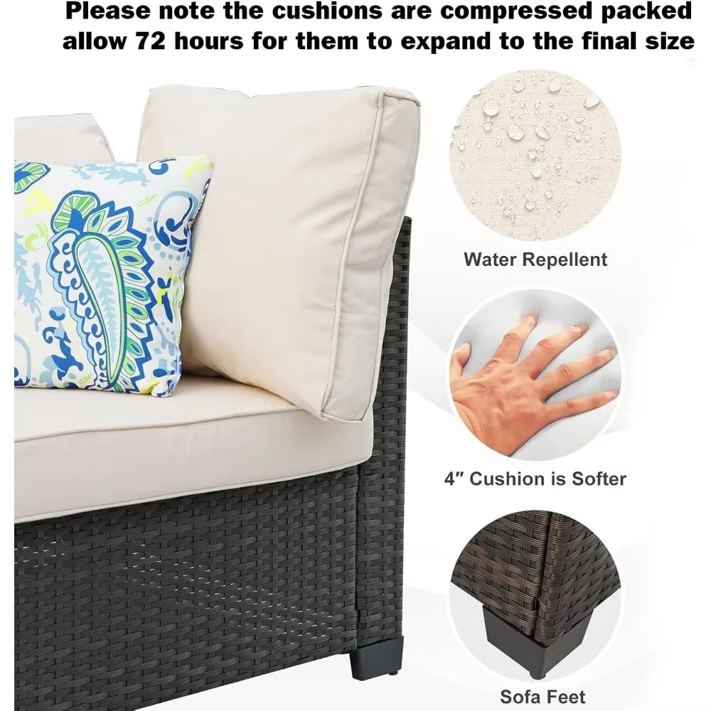7 Piece Outdoor Patio Furniture Set, Seating Set with Rattan Table, Waterproof Cushions Included, Patio Sectional Furniture Set