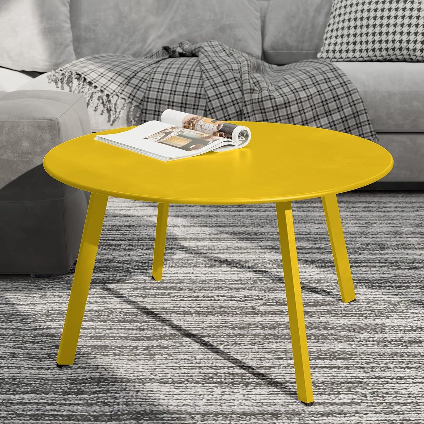 28-Inch round Side Table, Modern Steel Outdoor End Side Table for Patio Apartment Bedroom Living Room Balcony, Yellow