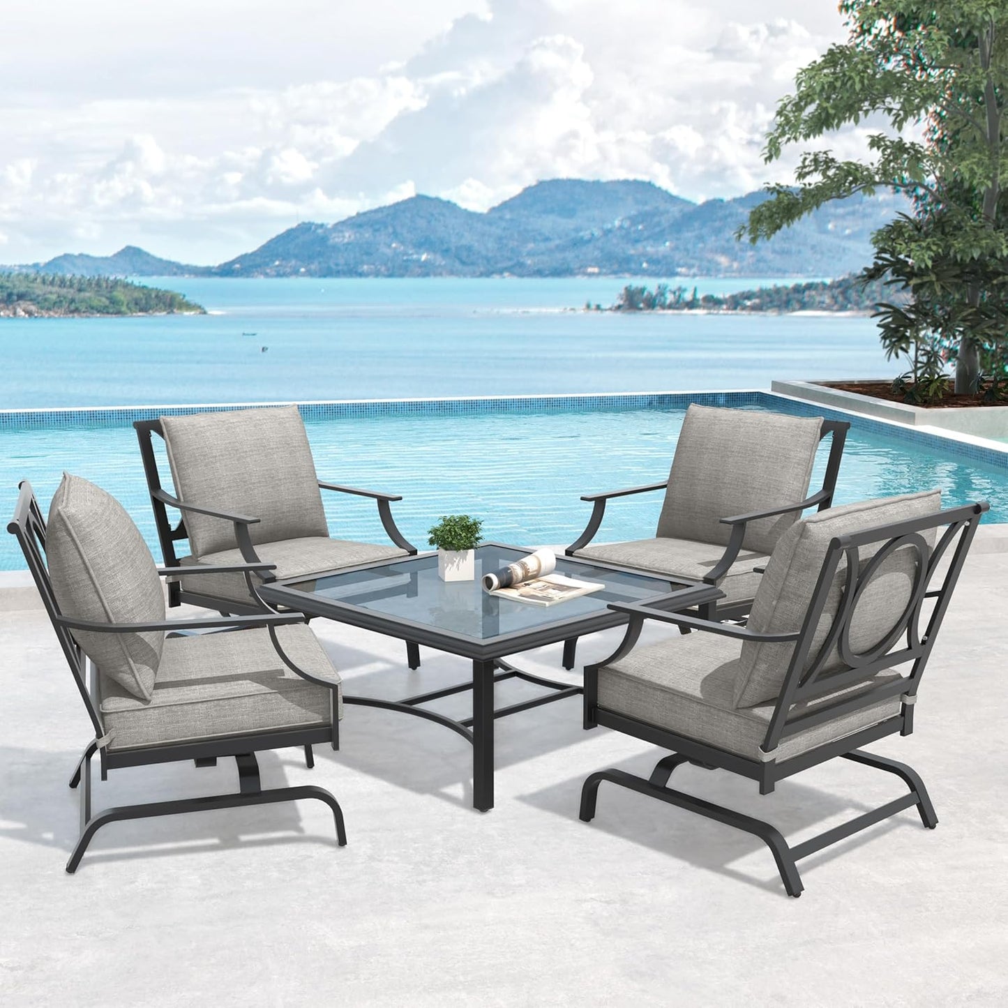 Patio Dining Set for 2, E-Coated Outdoor Dining Set, 2 Dining Chairs Outdoor Furniture Set with Olefin Cushions, Grey (5 PCS Glass Table)