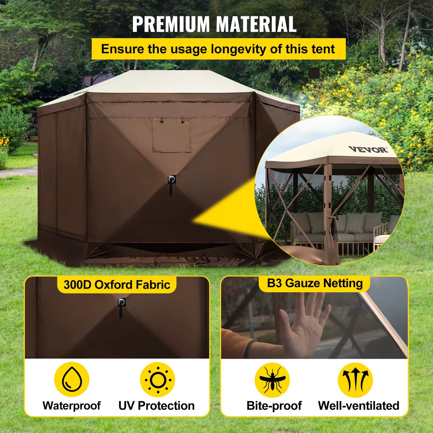 Gazebo Screen Tent 6 Sided Pop-Up Camping Canopy Shelter Portable Outdoor Large Shade Tents for Lawn and Backyard Camping
