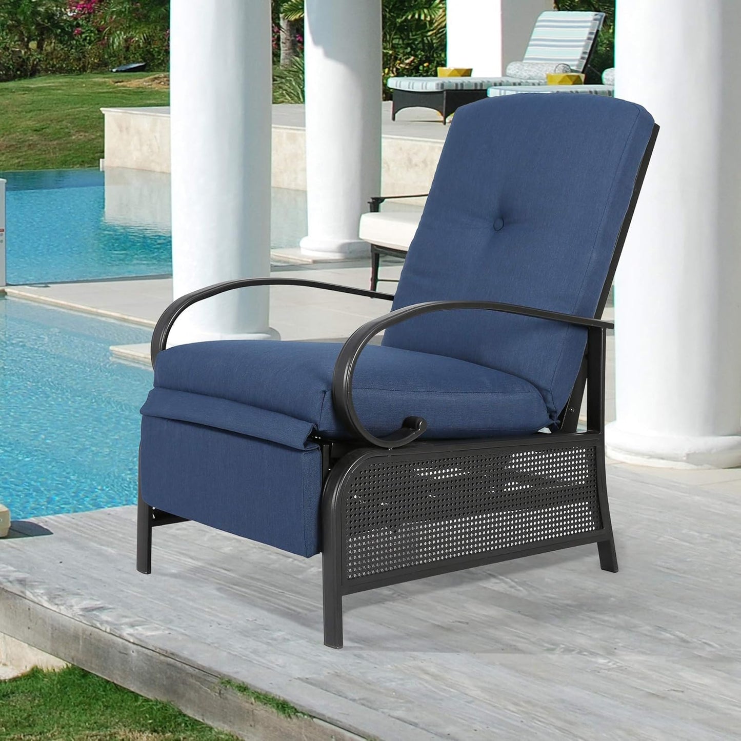Adjustable Outdoor Reclining Lounge Chair Patio Recliner Chair with Strong Extendable Metal Frame and Removable Cushions for Outdoor Reading or Relaxation (Navy)