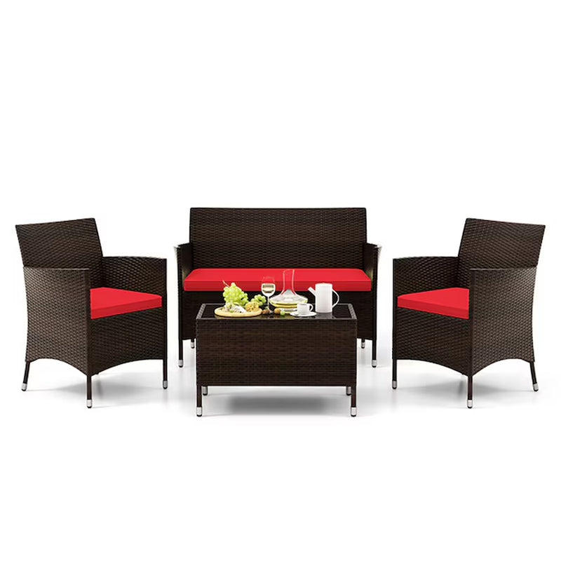 4 Pieces Comfortable Mix Outdoor Rattan Sofa Set with Glass Coffee Table 4 -Piece Rattan Patio Conversation Set with Blue Cushions
