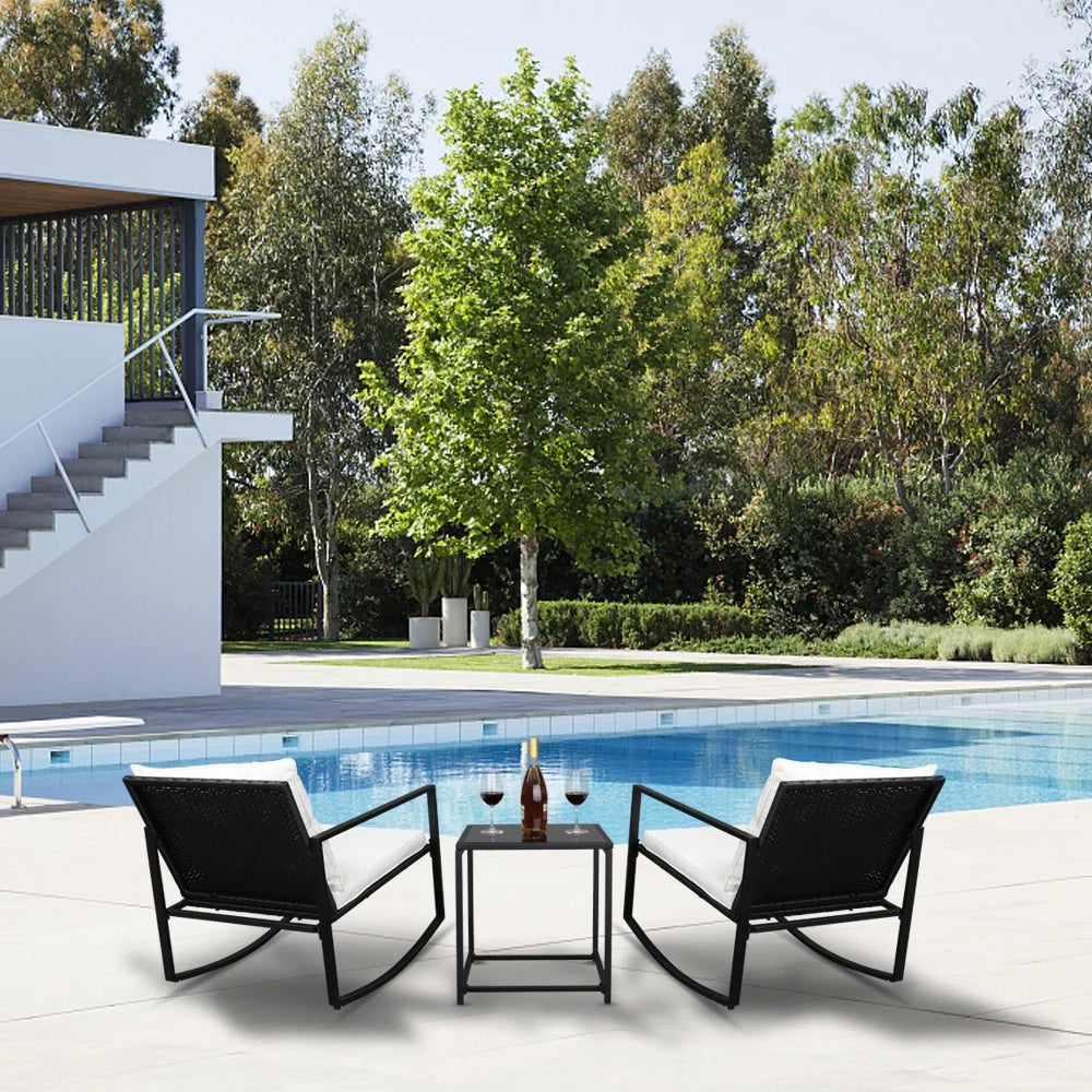 3 Pieces Patio Furniture Set Rocking Wicker Bistro Sets, Modern Outdoor Rocking Chair Furniture Sets Cushioned PE Rattan Chairs Conversation Sets with Coffee Table, Outdoor Chairs for Backyard, Q16777