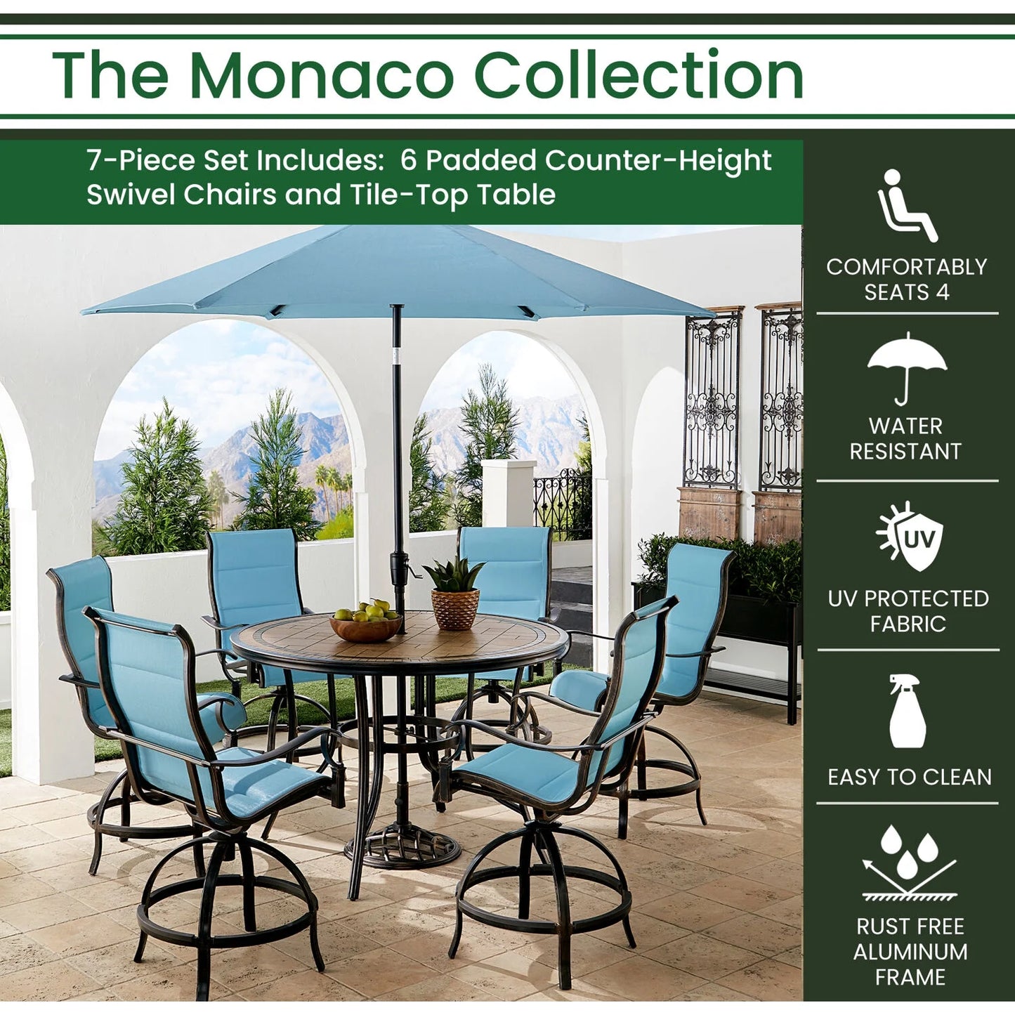 Monaco 7-Piece Outdoor High Dining Patio Set, 6 Counter-Height Padded Sling Swivel Chairs, 56" round Tile Table, 9' Umbrella, and Umbrella Base, Bronze Finish, Rust-Resistant, All-Weather
