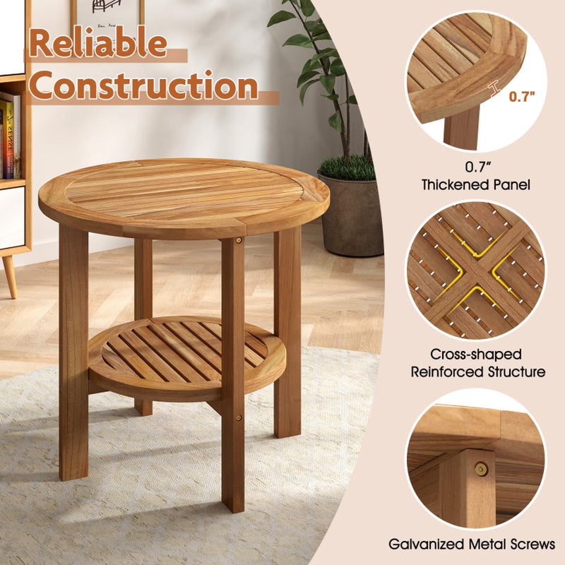 Outdoor Teak Wood round Side Table Patio End Table with Slatted Storage Shelf