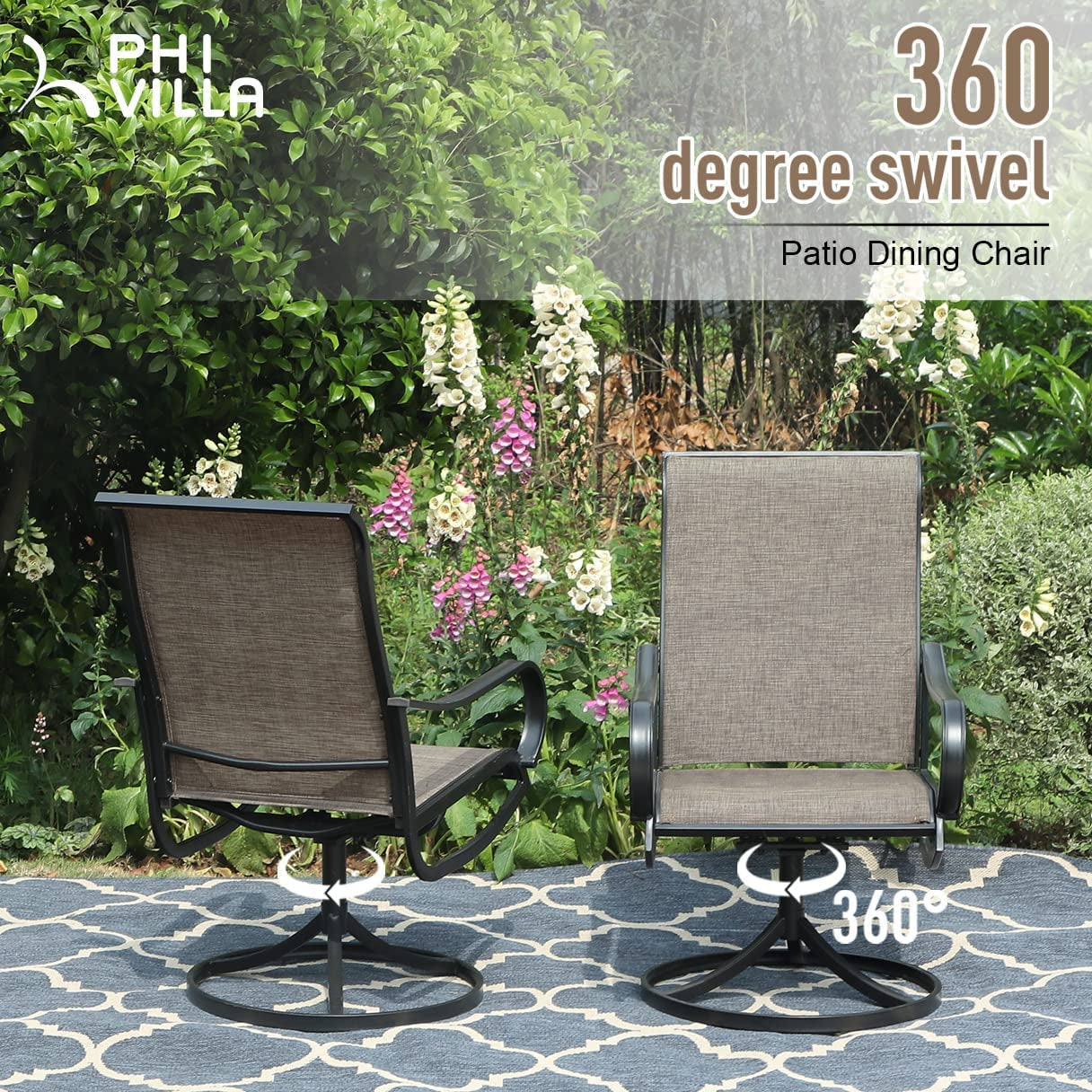 7 Pcs Patio Dining Set with Umbrella(Beige),6 Swivel Dining Chair & 1 Rectangular Woode-Like Top Table Set for 6 Person with 13Ft Outdoor Market Umbrella(No Base)