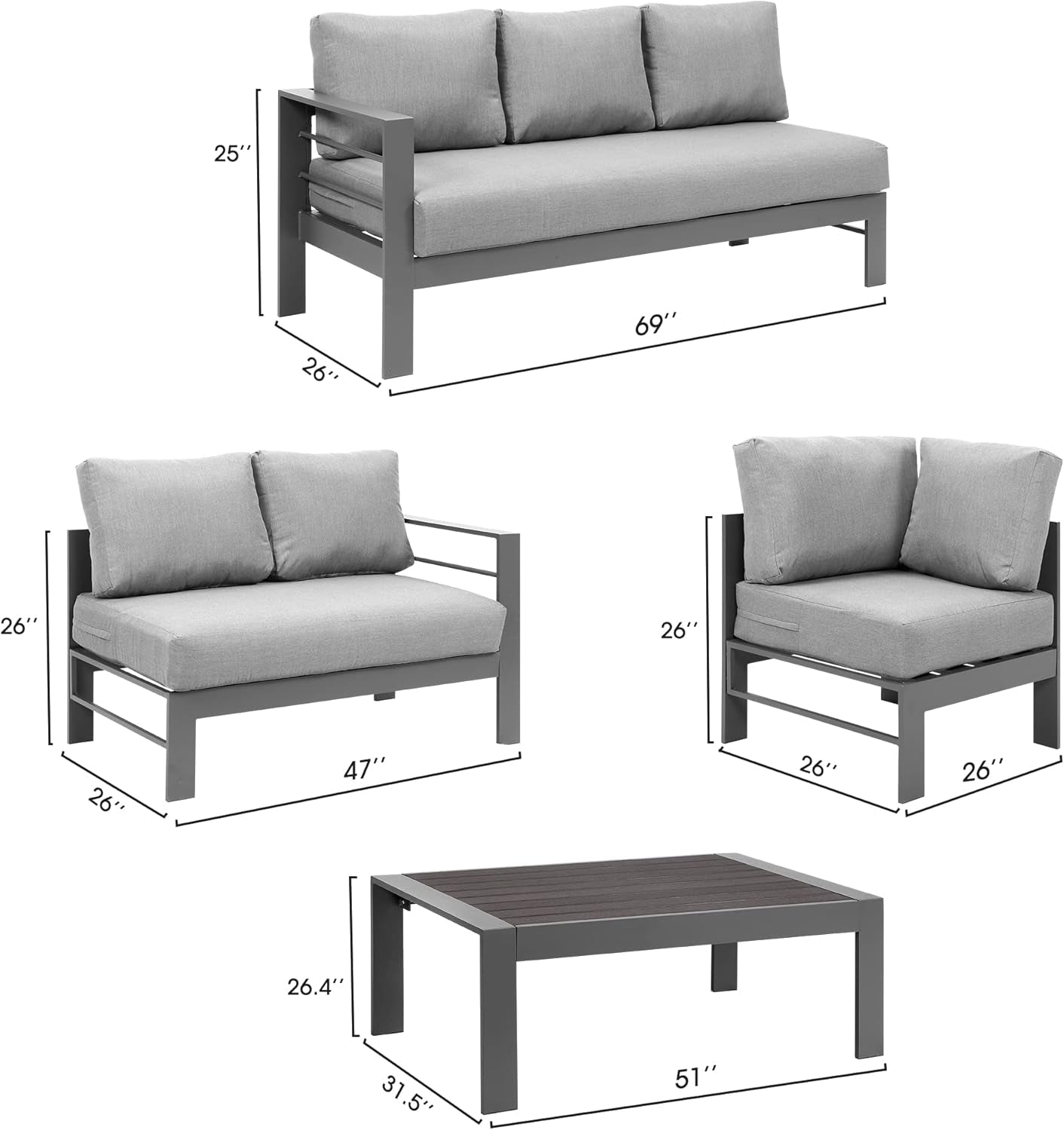 Patio Furniture Set, Outdoor Aluminum Sectional Sofa Couch with Coffe Table, All-Weather Metal Conversation Set with Upgraded Dark Grey Cushion