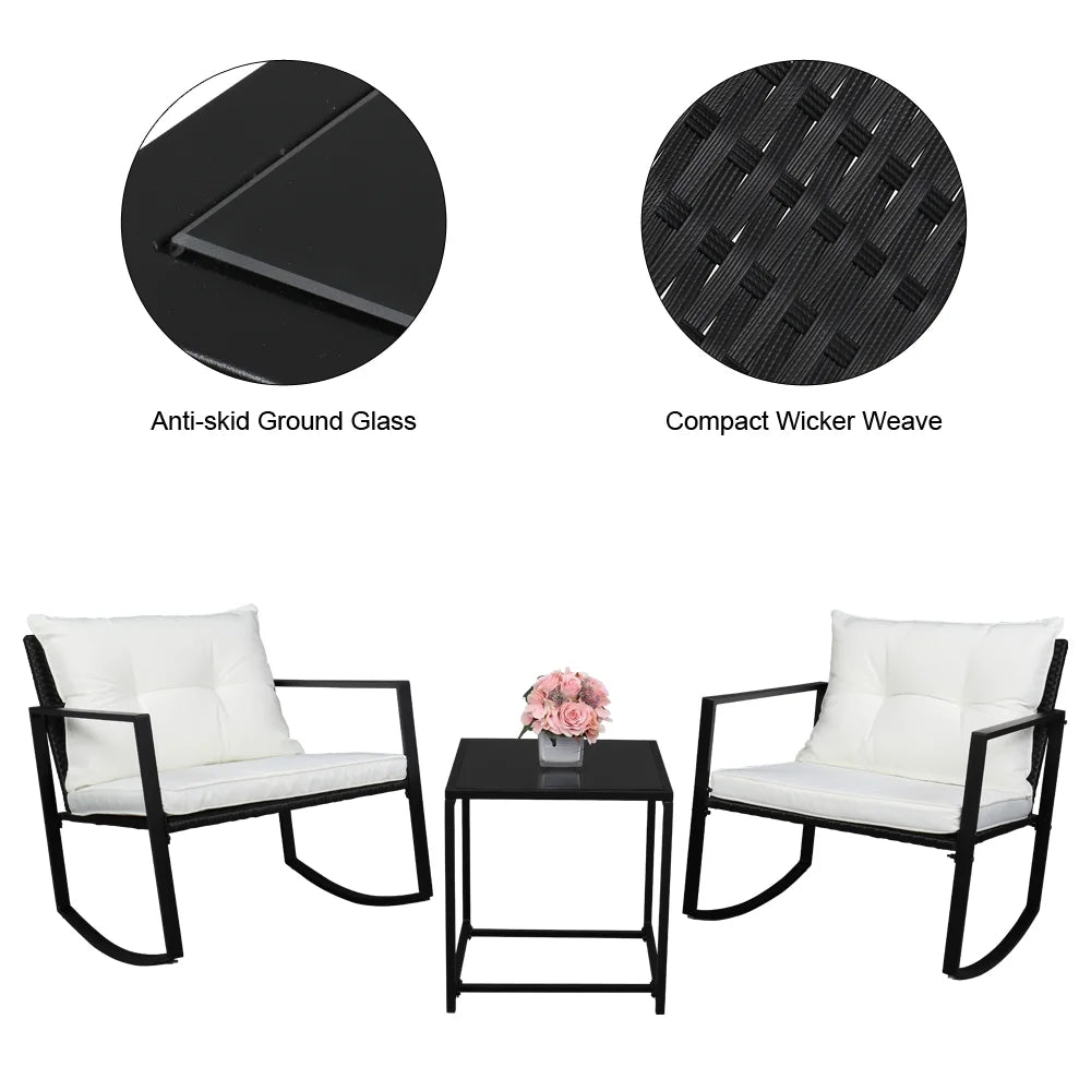 3 Pieces Patio Furniture Set Rocking Wicker Bistro Sets, Modern Outdoor Rocking Chair Furniture Sets Cushioned PE Rattan Chairs Conversation Sets with Coffee Table, Outdoor Chairs for Backyard, Q16777