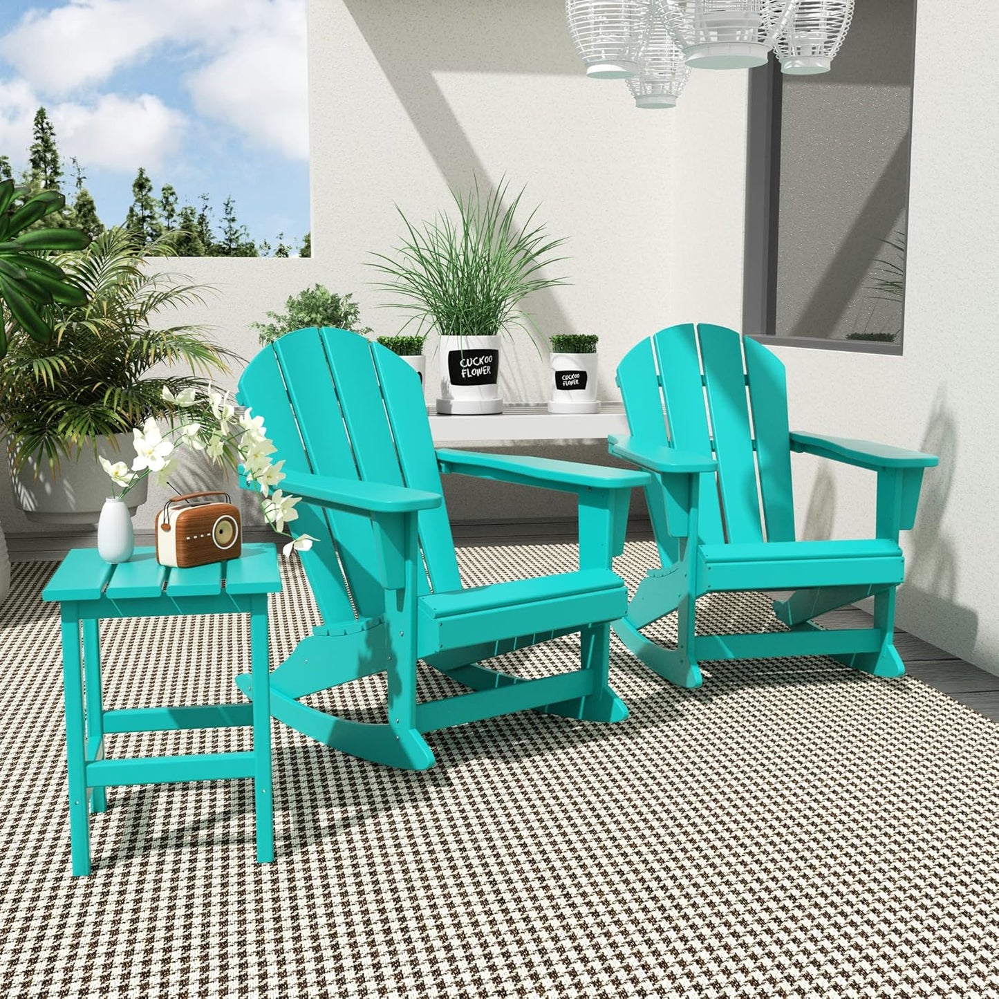 WO Home Furniture Patio Rocking Chair Set of 3 PCS Classic Outdoor Adirondack Rocker Chairs & Table (Turquoise)