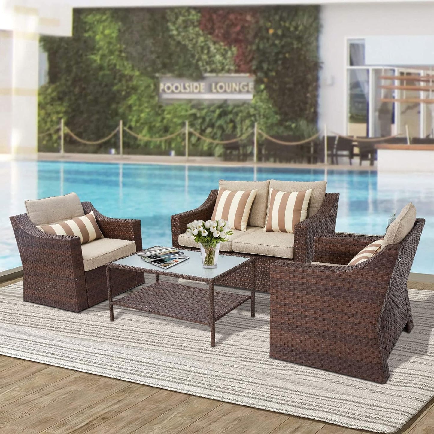 Outdoor Furniture 4-Piece Conversation Furniture Set All Weather Brown Wicker with Beige Cushions & Sophisticated Glass Coffee Table