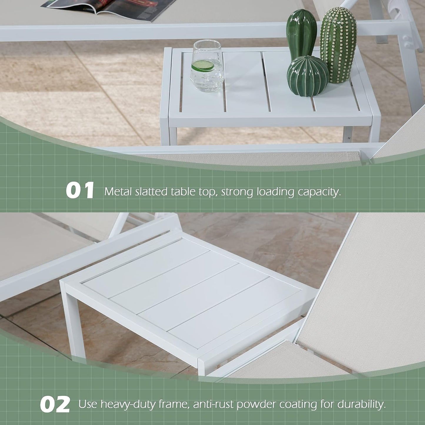3-Piece Patio Chaise Lounges Set Outdoor Full Flat Lounge Chairs Set of 2 with Steel Table, Beige